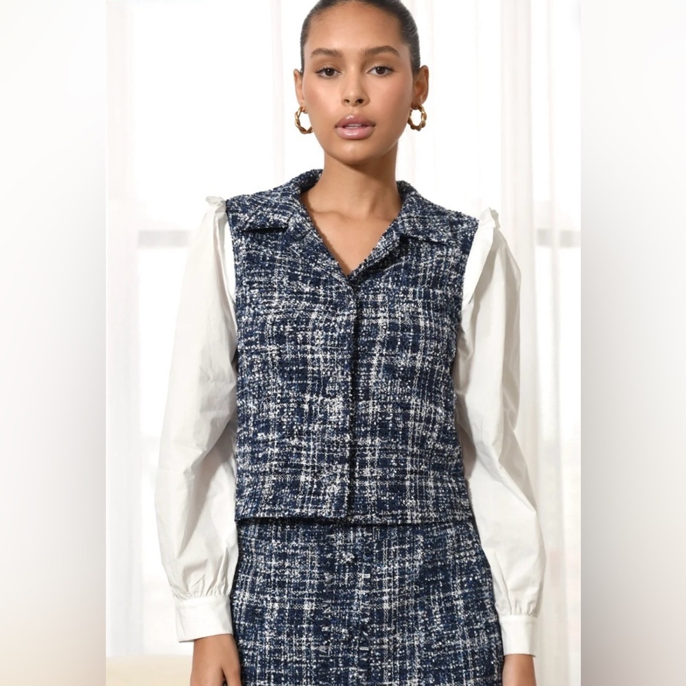 Adelyn Rae Navy Bouclé Tweed Contrast Sleeve Cropped Jacket Blouse Small